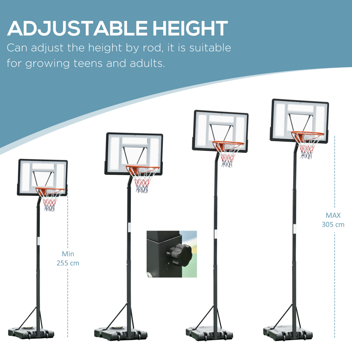 Basketball Hoop Freestanding 255-305cm Height Adjustable Stand  Wheels HOMCOM