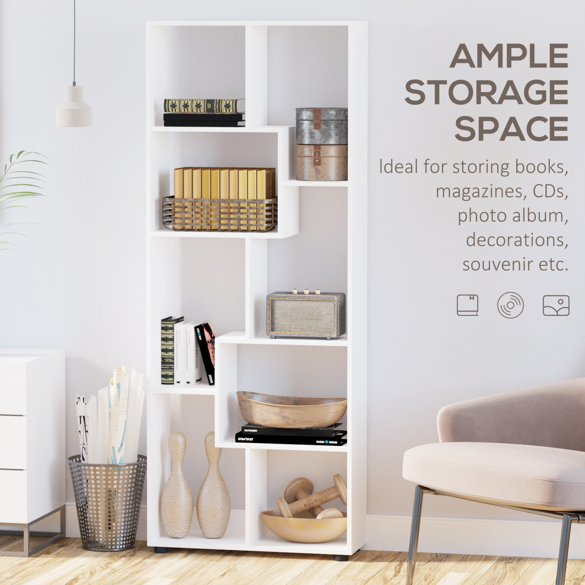 Multipurpose 8-Grid Bookshelf Decorative Shelf, Bathroom, Kitchen White