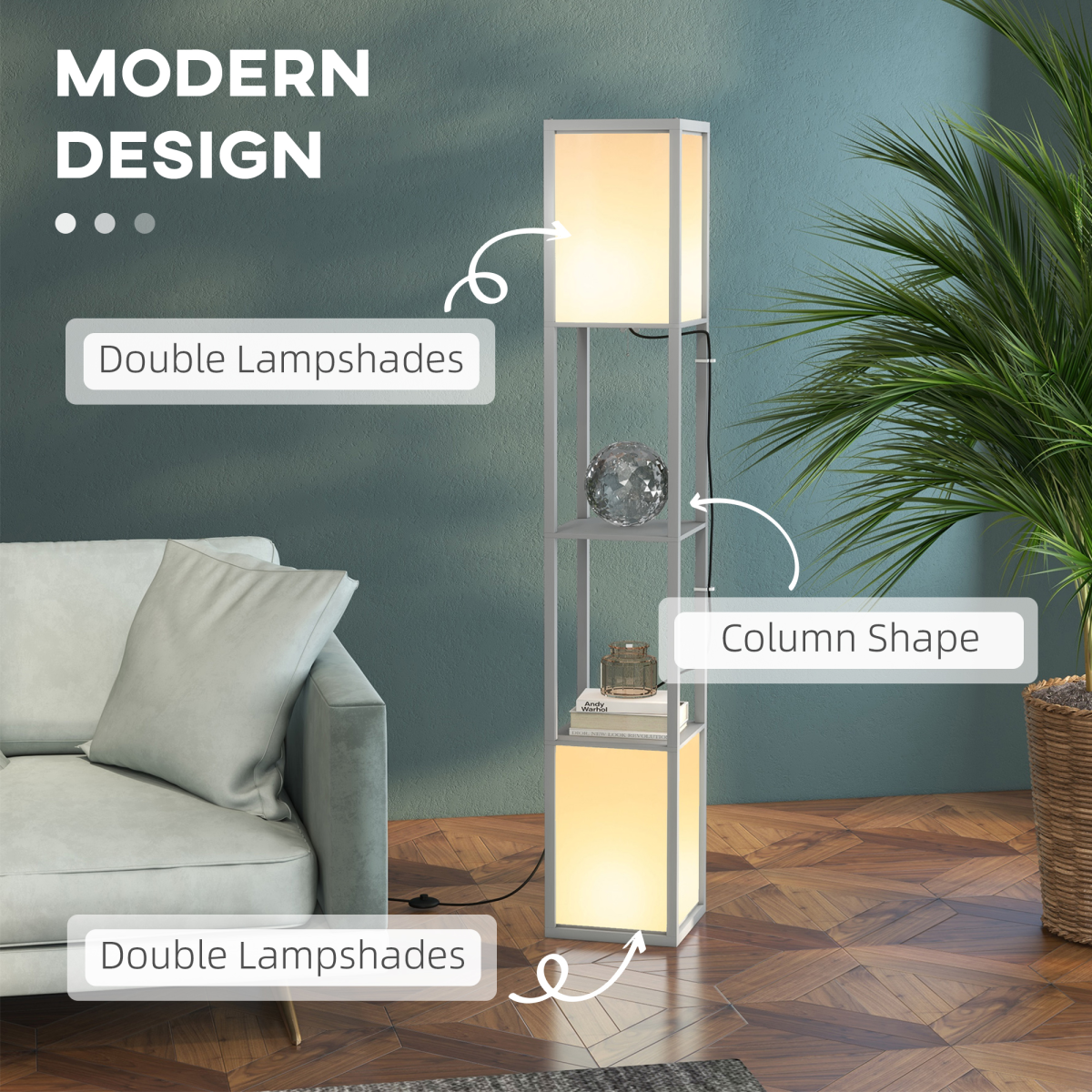 HOMCOM Shelf Floor Lamp with Dual Light, for Living Room, Bedroom