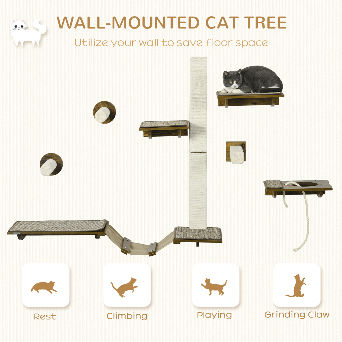 PawHut 8Pcs Wall Mounted Cat Shelves w/ Posts, Perches, Ladder - Brown