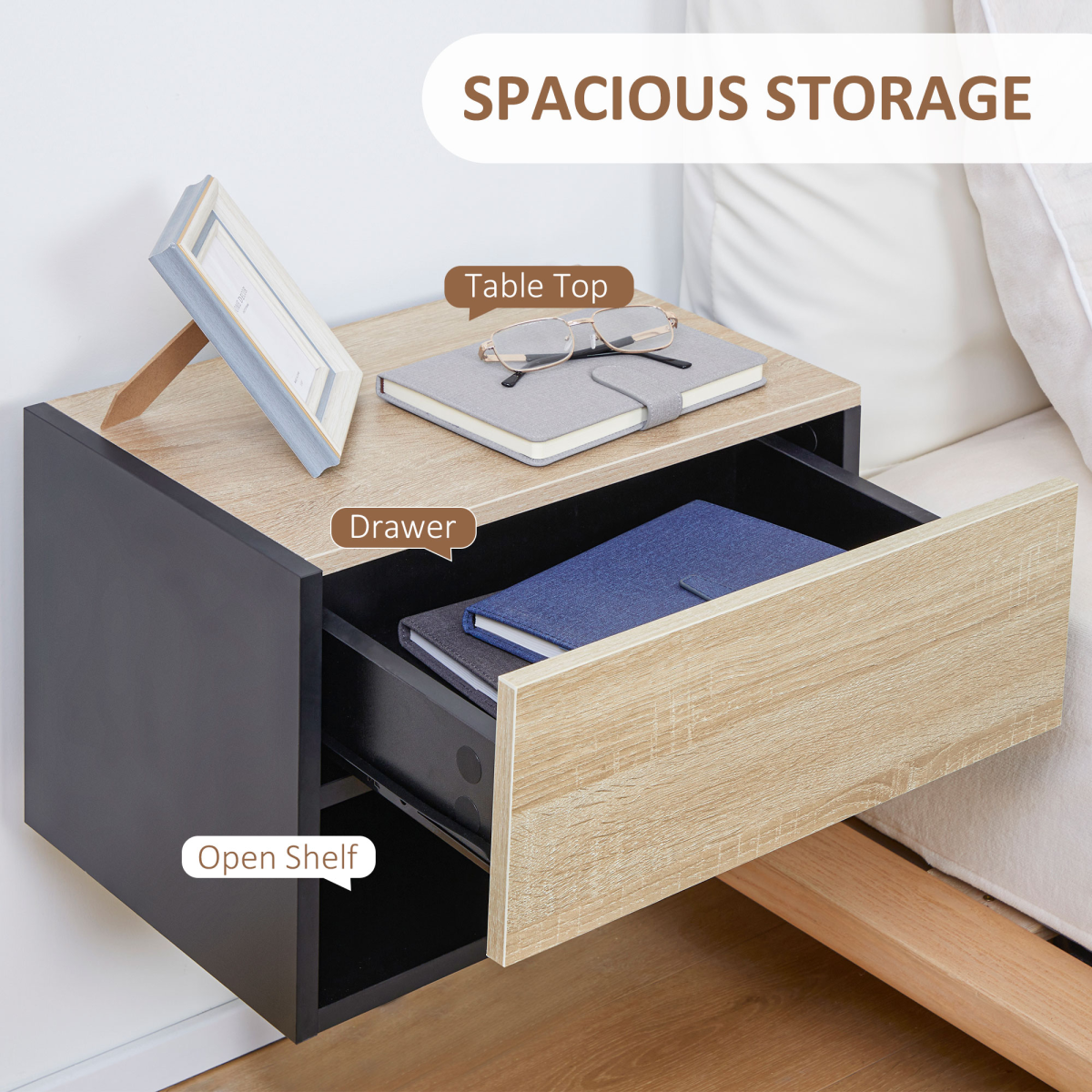 HOMCOM Modern Bedside Table Set of 2 with Drawer and Shelf