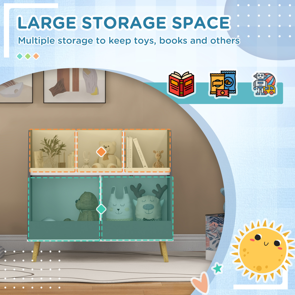 HOMCOM Kids Storage Shelf with 5 Compartments, Anti-Tip Device, Grey