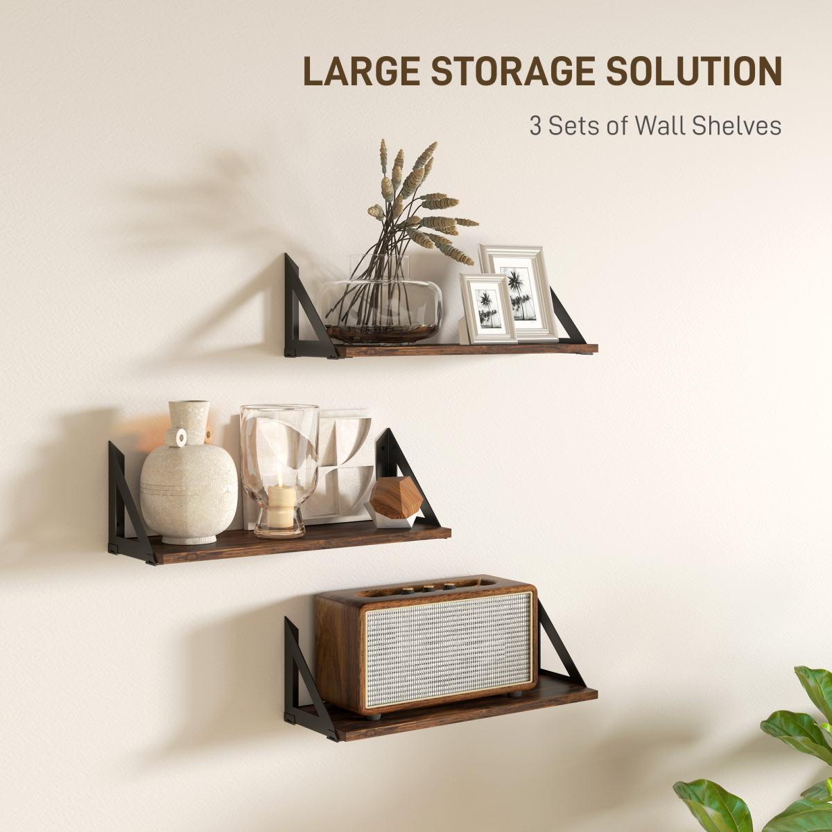 HOMCOM Set of 3 Vintage Wall Shelves for Living Room Rustic Brown