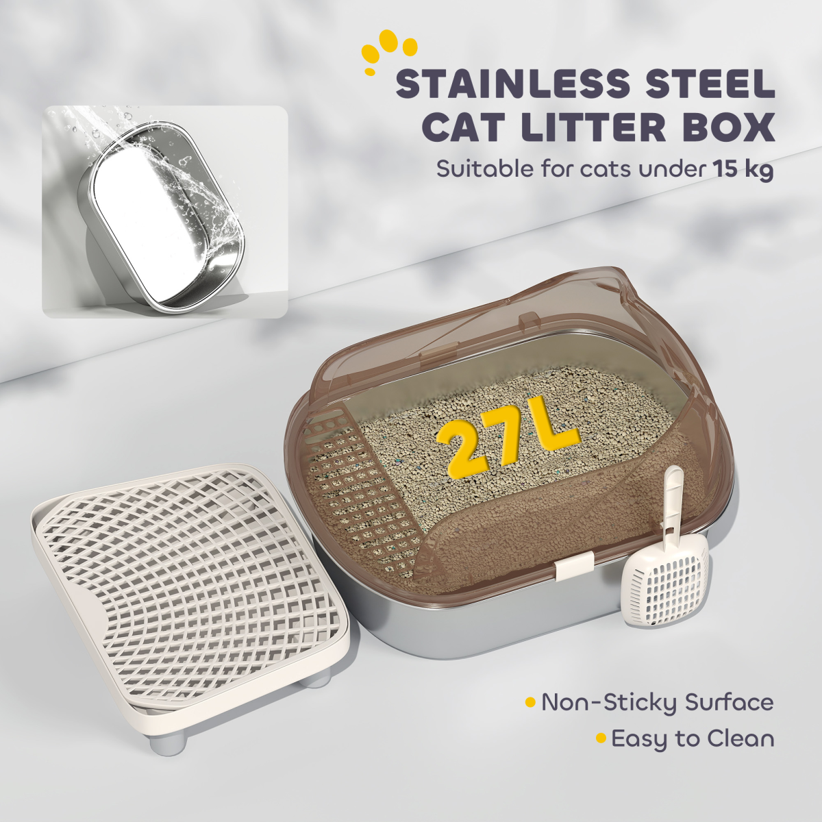 PawHut Stainless Steel Litter Box, Cat Litter Tray w/ Lid, Pedal, Scoop