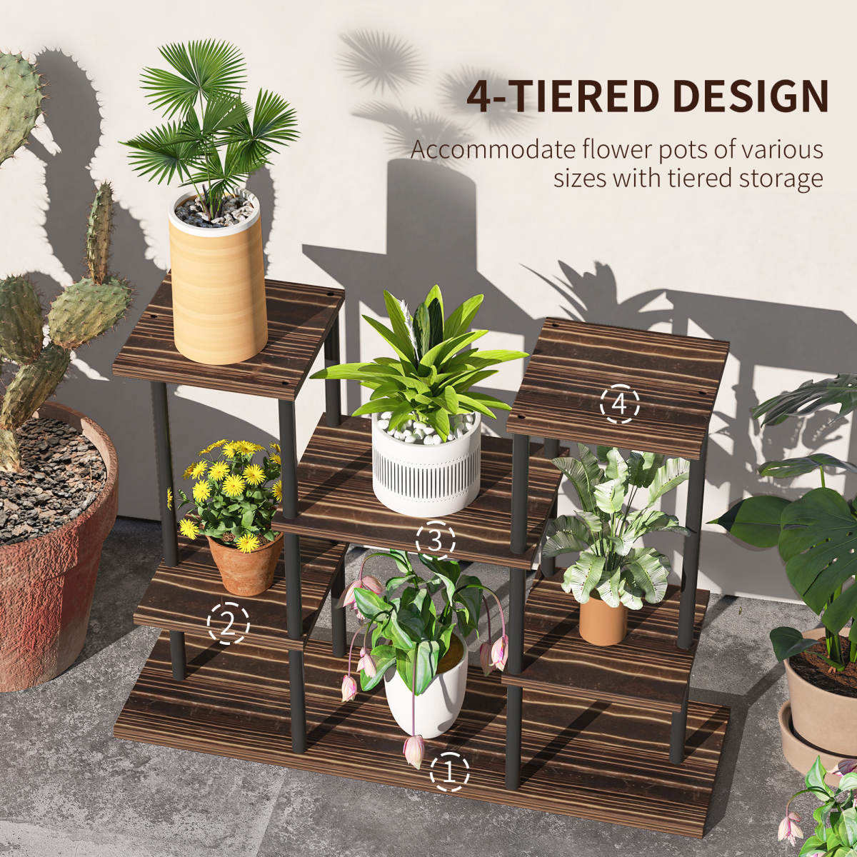 Outsunny 4 Tiered Metal Flower Shelf Display Rack, Carbonised Finish