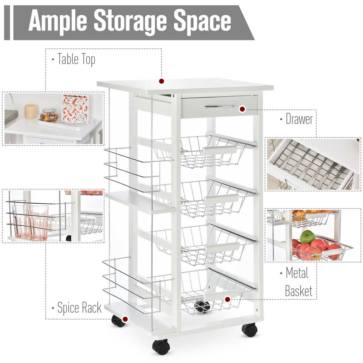 MDF Multifunction Kitchen Island Trolley White
