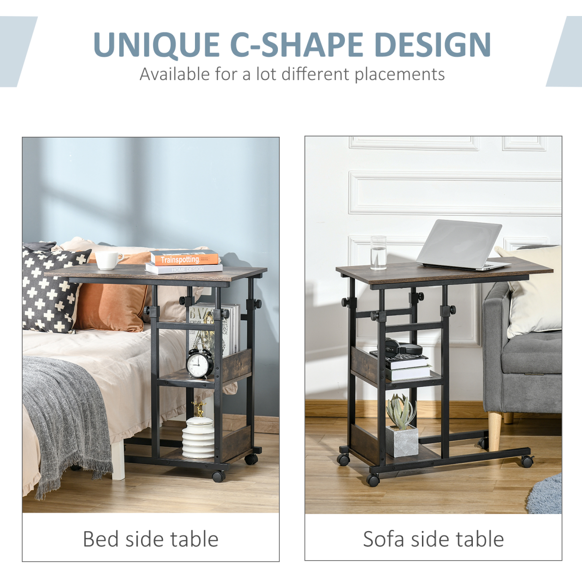 C-Shaped Mobile Sofa Bed Side Table Adjust Height 3-Tier Cart w/ Brake