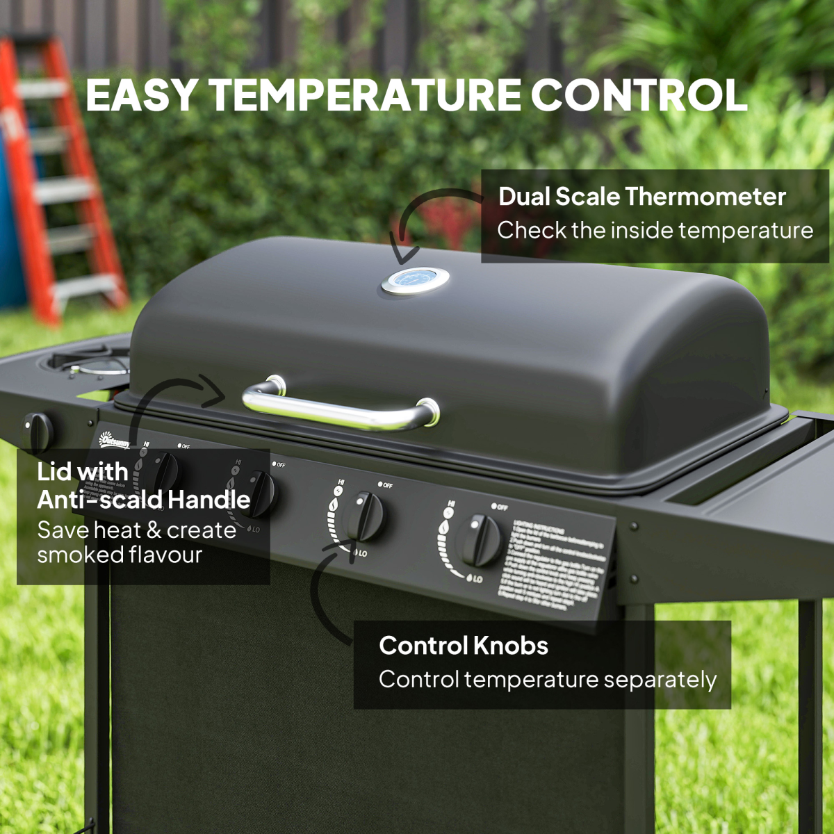 Outsunny 5 Burner Gas Barbecue Grill Portable Gas BBQ Grill with Lid, Black