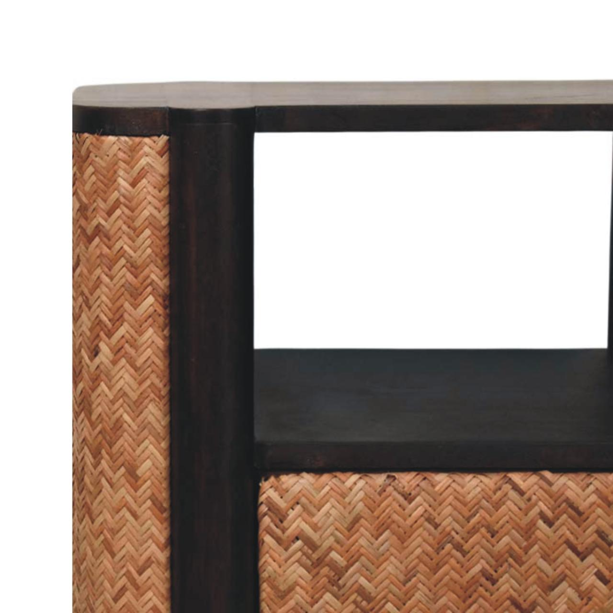 Artisan Furniture Solid Wood Rattan Curve Edge Nightstand, 2 Drawers, 1 Shelf, Brown