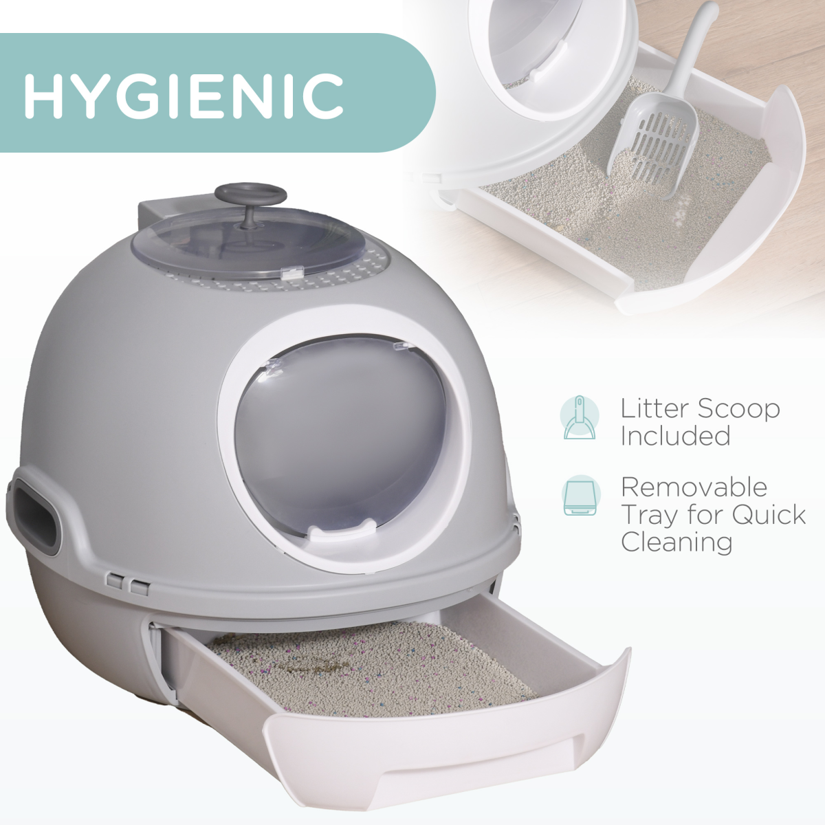Cat Litter Box Pet Toilet With Litter Scoop Enclosed Drawer Skylight Grey