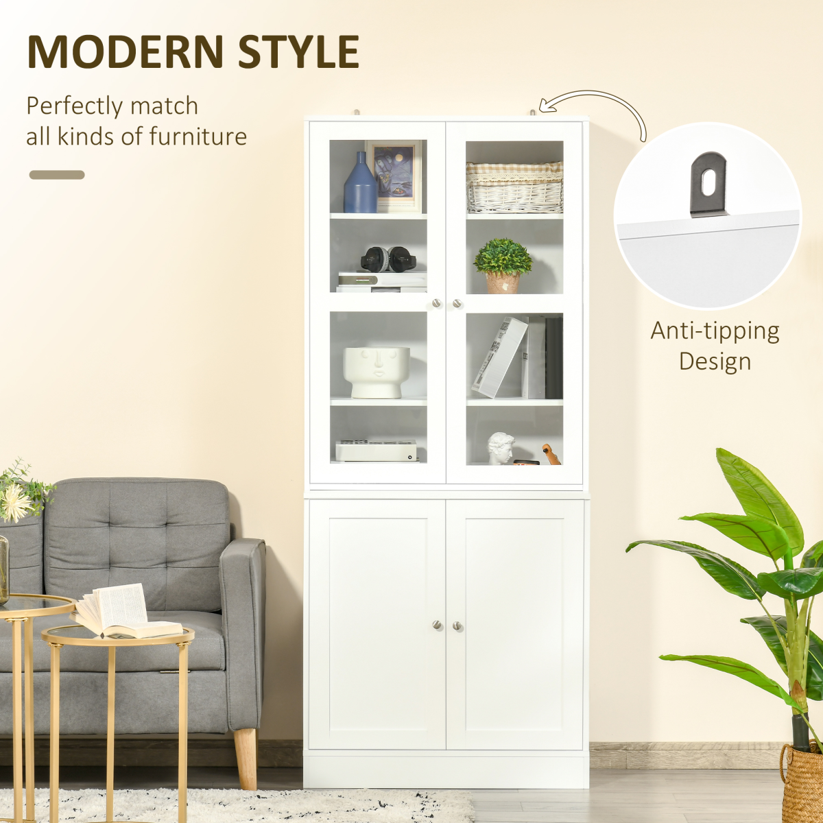 Modern Bookcase Display Storage Cabinet w/ Doors Adjustable Shelves