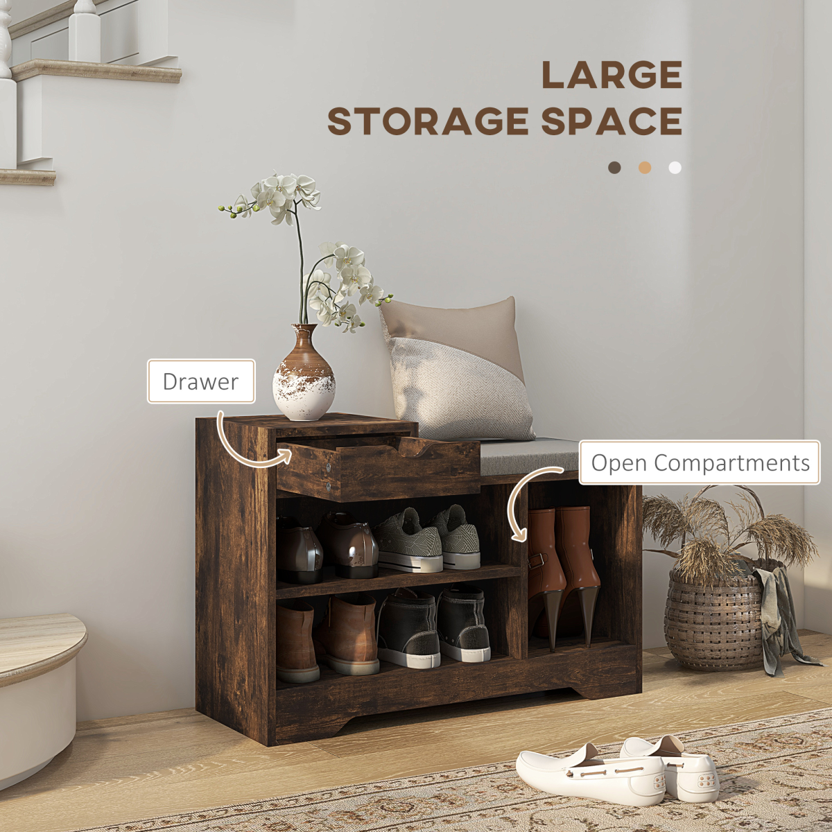 HOMCOM Upholstered Entryway Shoe Bench with Storage Drawer Open Shelf Brown