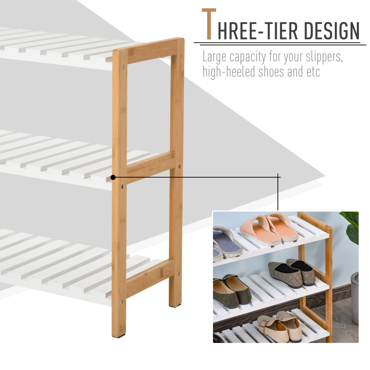 HOMCOM 3-Tier Shoe Rack Wood Frame Slatted Shelves Open Hygienic Storage 57x70cm