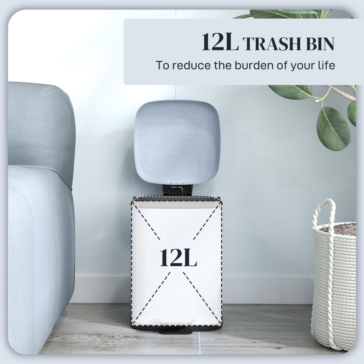 HOMCOM 12L Kitchen Pedal Bin, Metal Rubbish Bin with Soft-close Lid, Light Blue