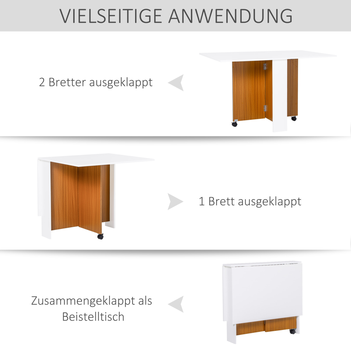 Folding Drop Leaf Table Dining Mobile Writing Desk W/ Casters-Teak/White