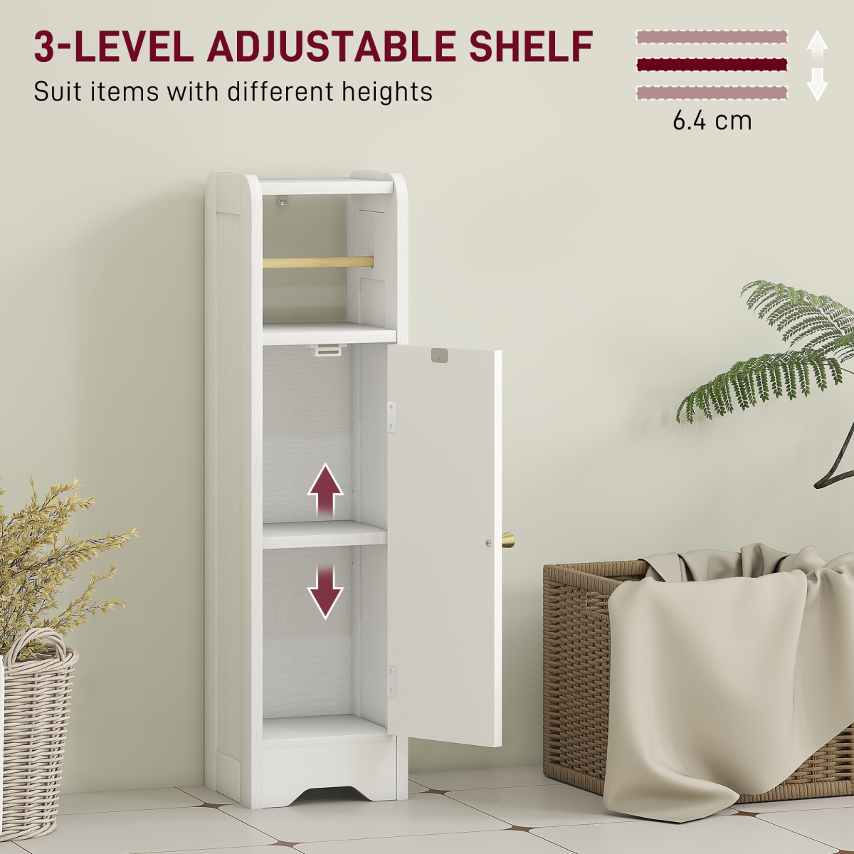 HOMCOM Toilet Roll Holder Slim Bathroom Cabinet with Adjustable Shelf White
