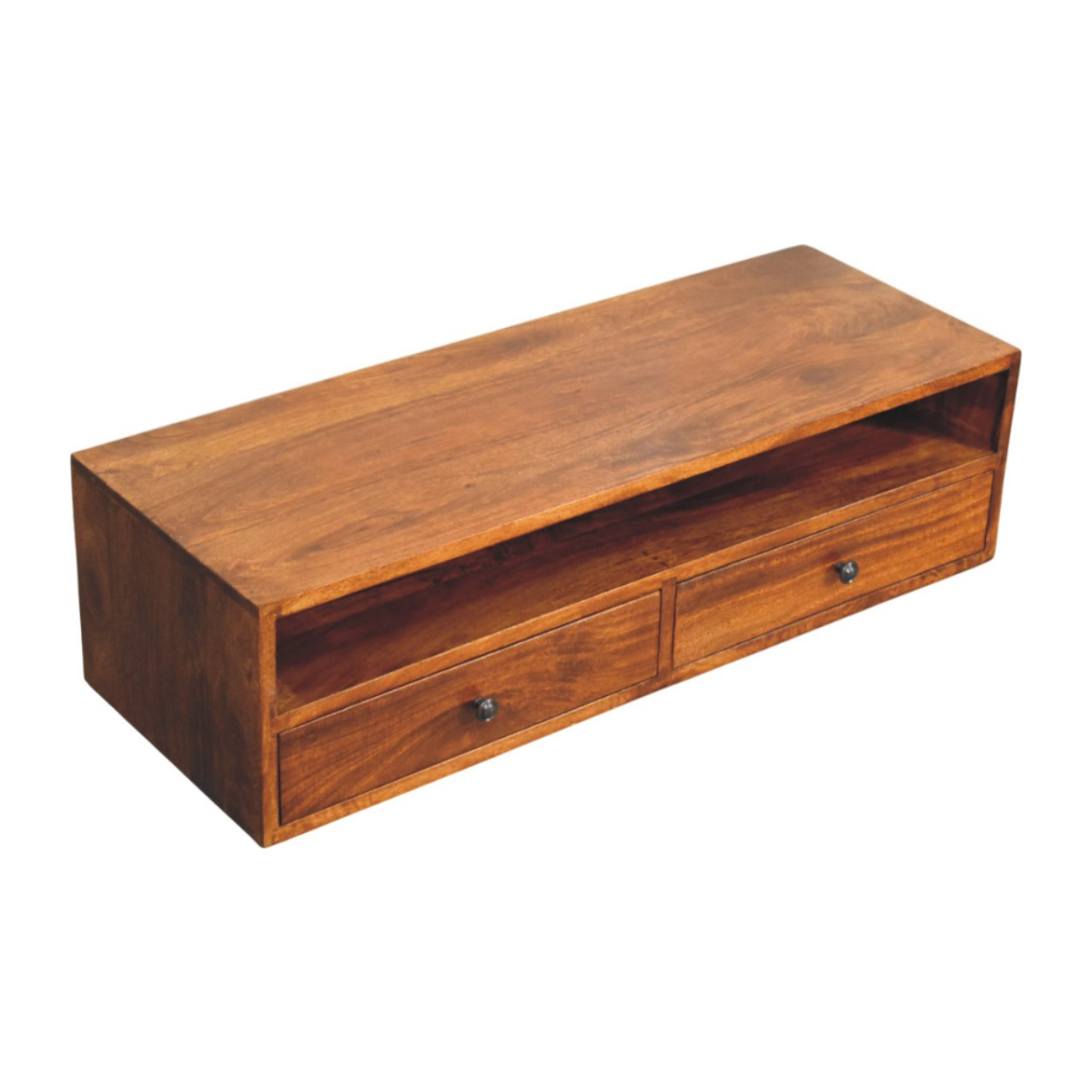 Artisan Furniture Solid Wood Lunar Chestnut Wall Mounted Media Unit, 2 Drawers and Open Shelf, Dark Brown