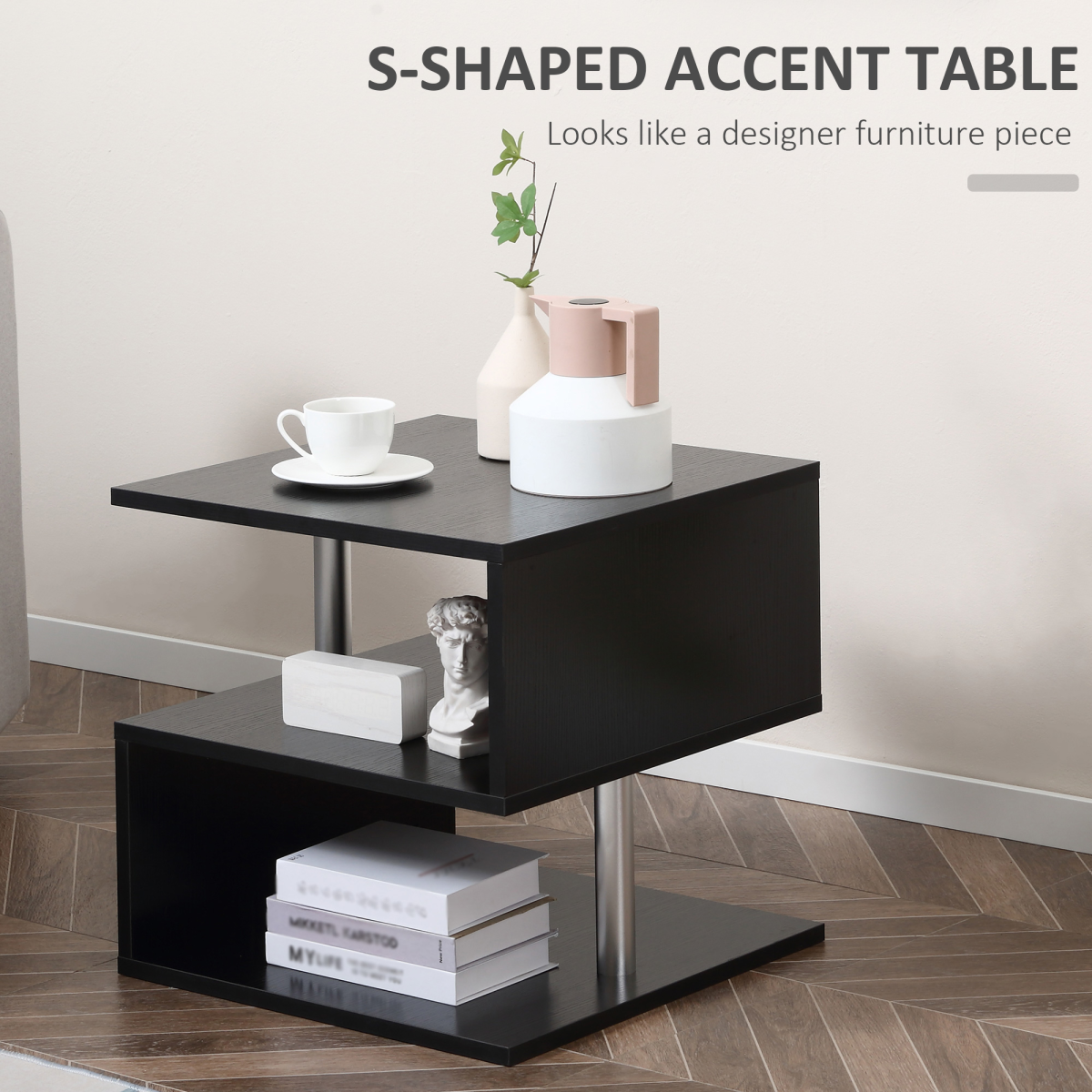 50Lx50Wx50H cm Wooden Side S Shape Cube Coffee Console Table 2-Tier Black