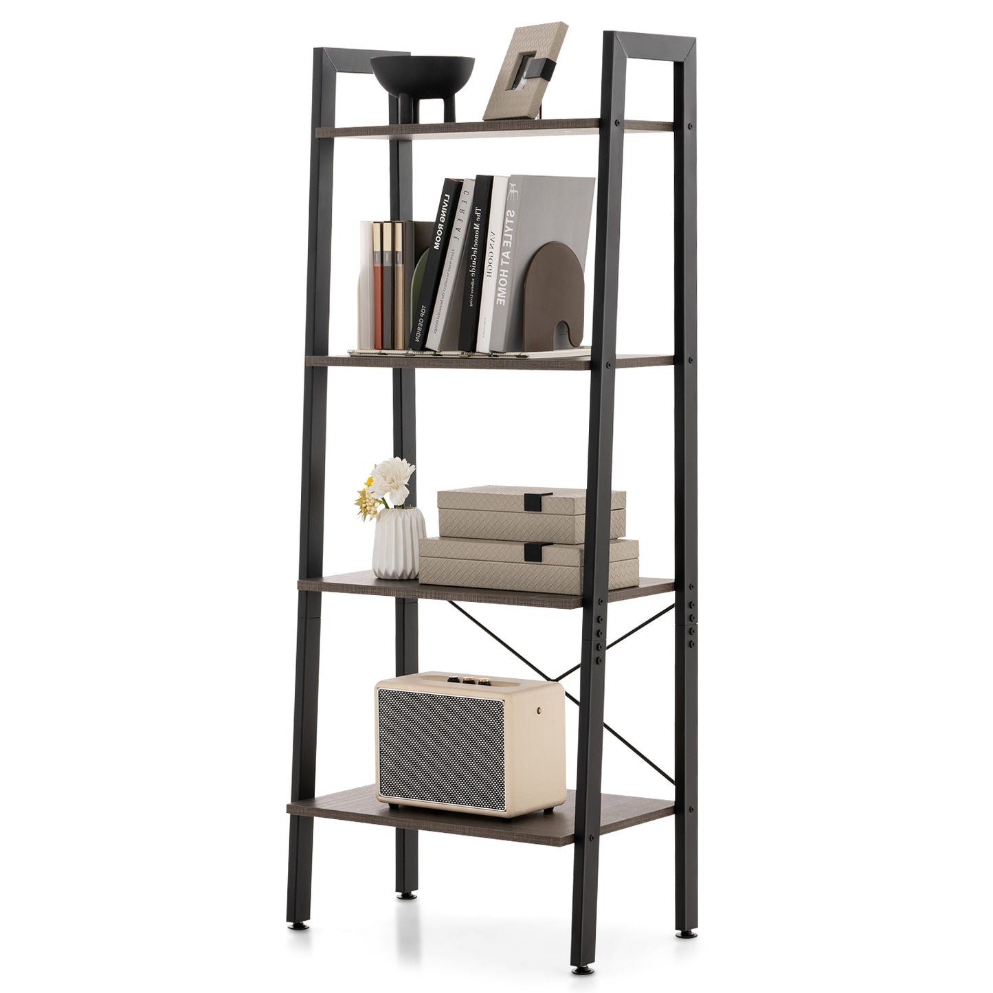 4-Tier Bookshelf with Metal Frame-Rustic Brown