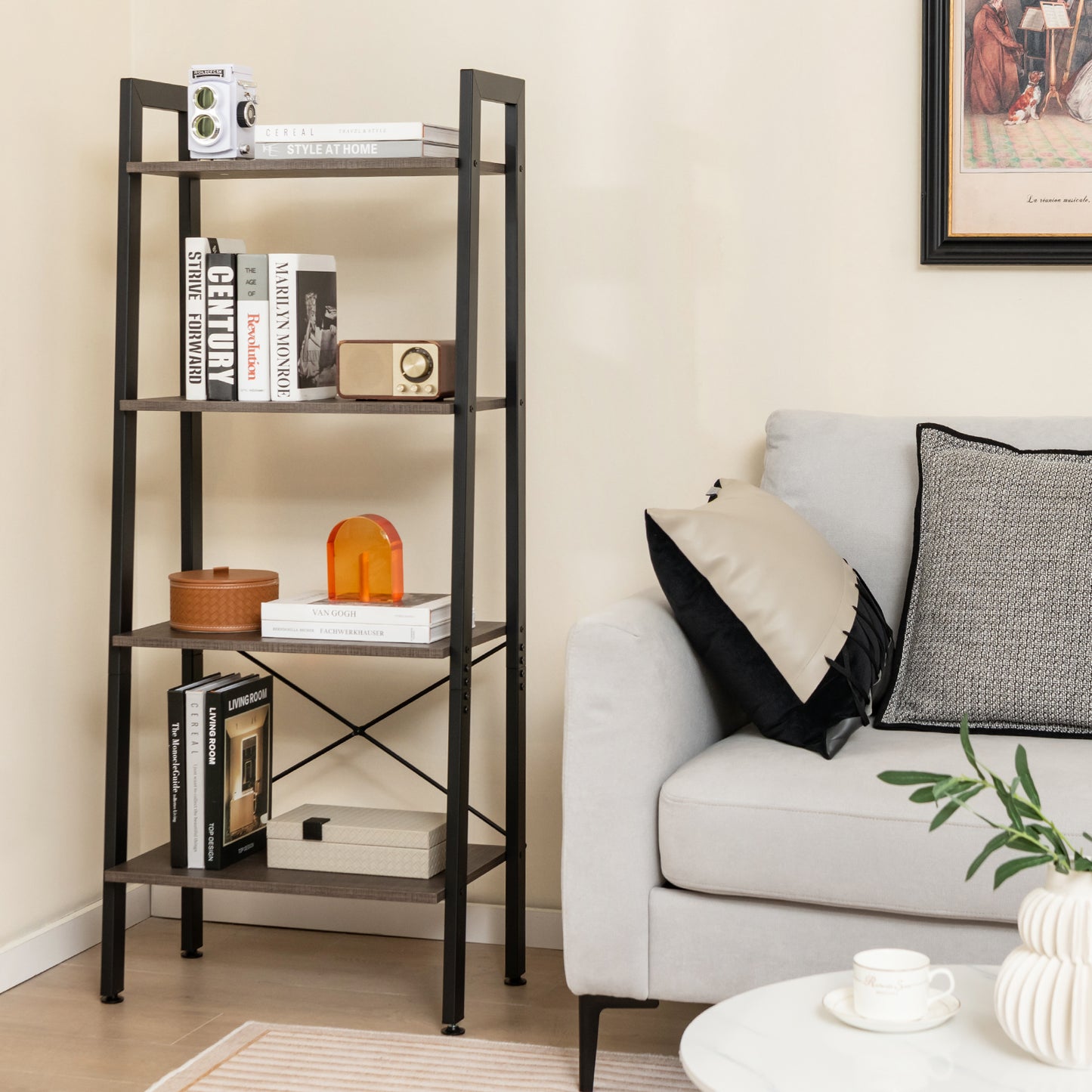 4-Tier Bookshelf with Metal Frame-Rustic Brown