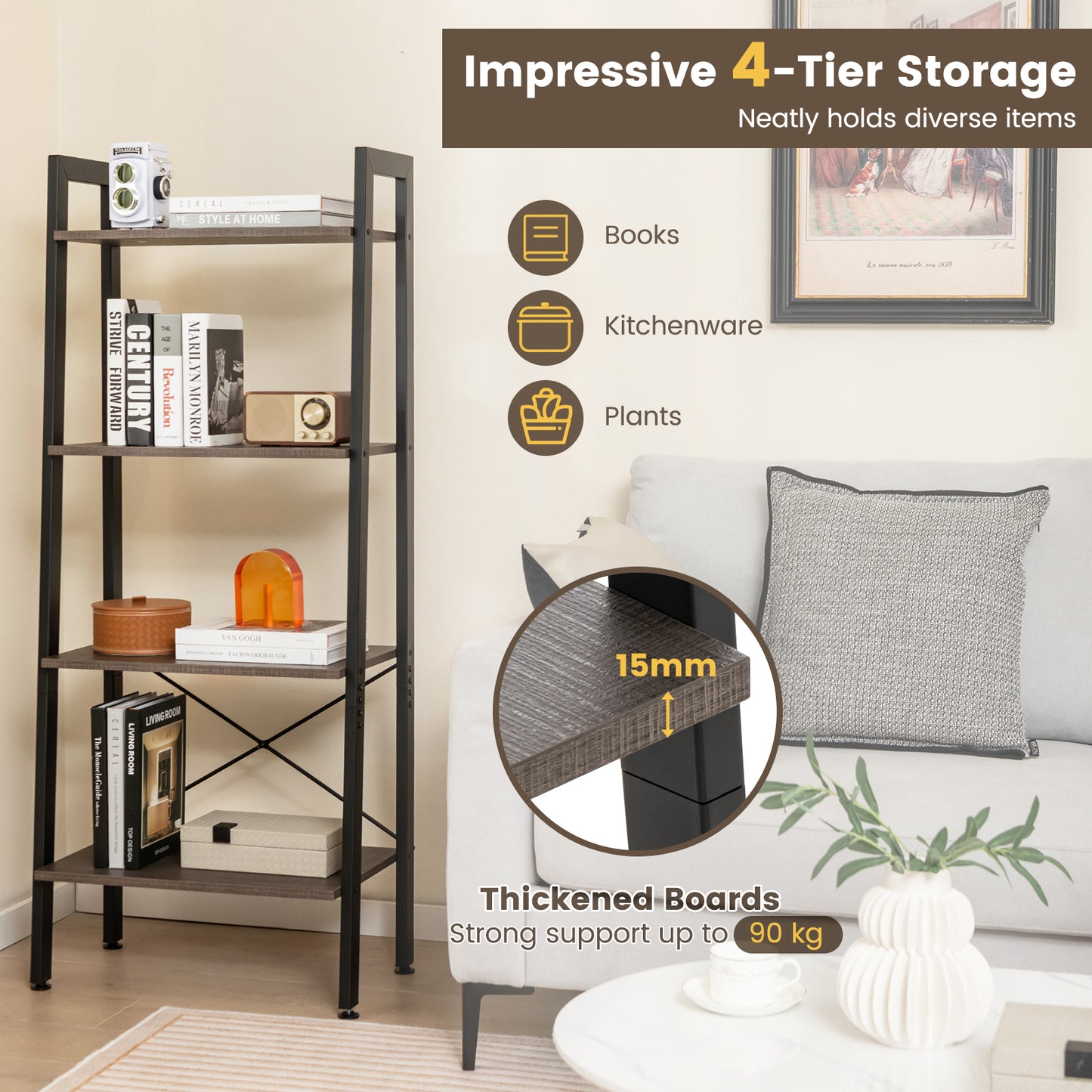 4-Tier Bookshelf with Metal Frame-Rustic Brown