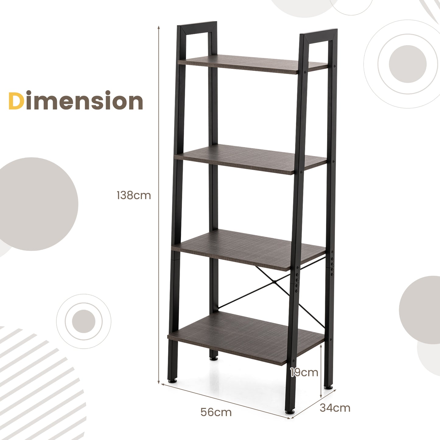 4-Tier Bookshelf with Metal Frame-Rustic Brown