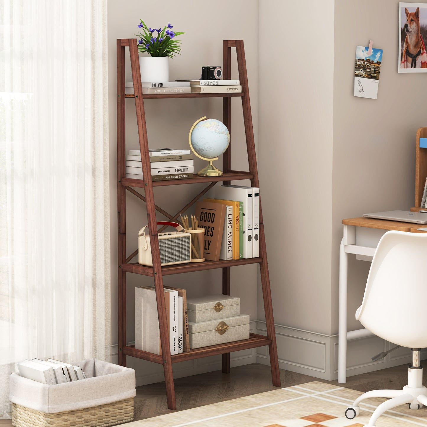 4-Tier Freestanding Bookcase with Anti-Toppling Device for Living Room-Natural
