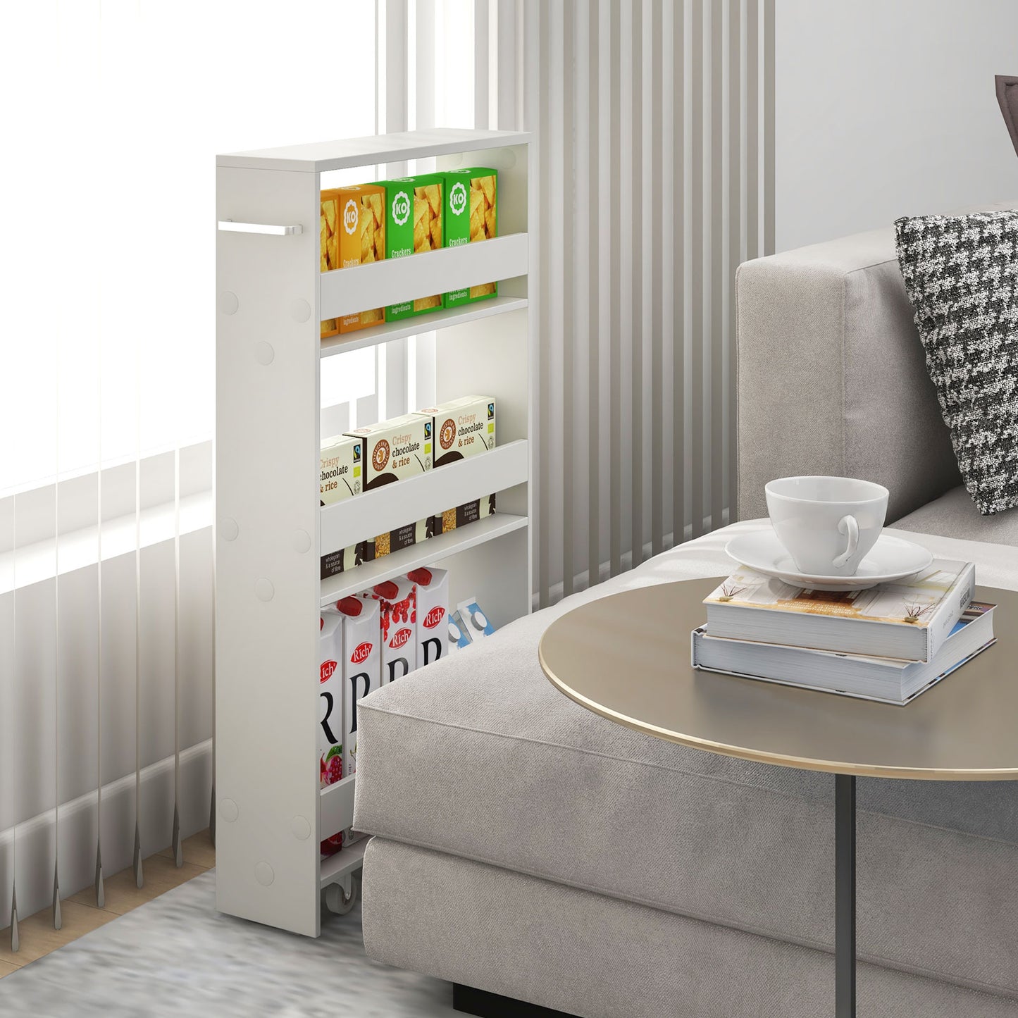 4-Tier Slim Storage Cart with Open Shelves and Wheels-Natural
