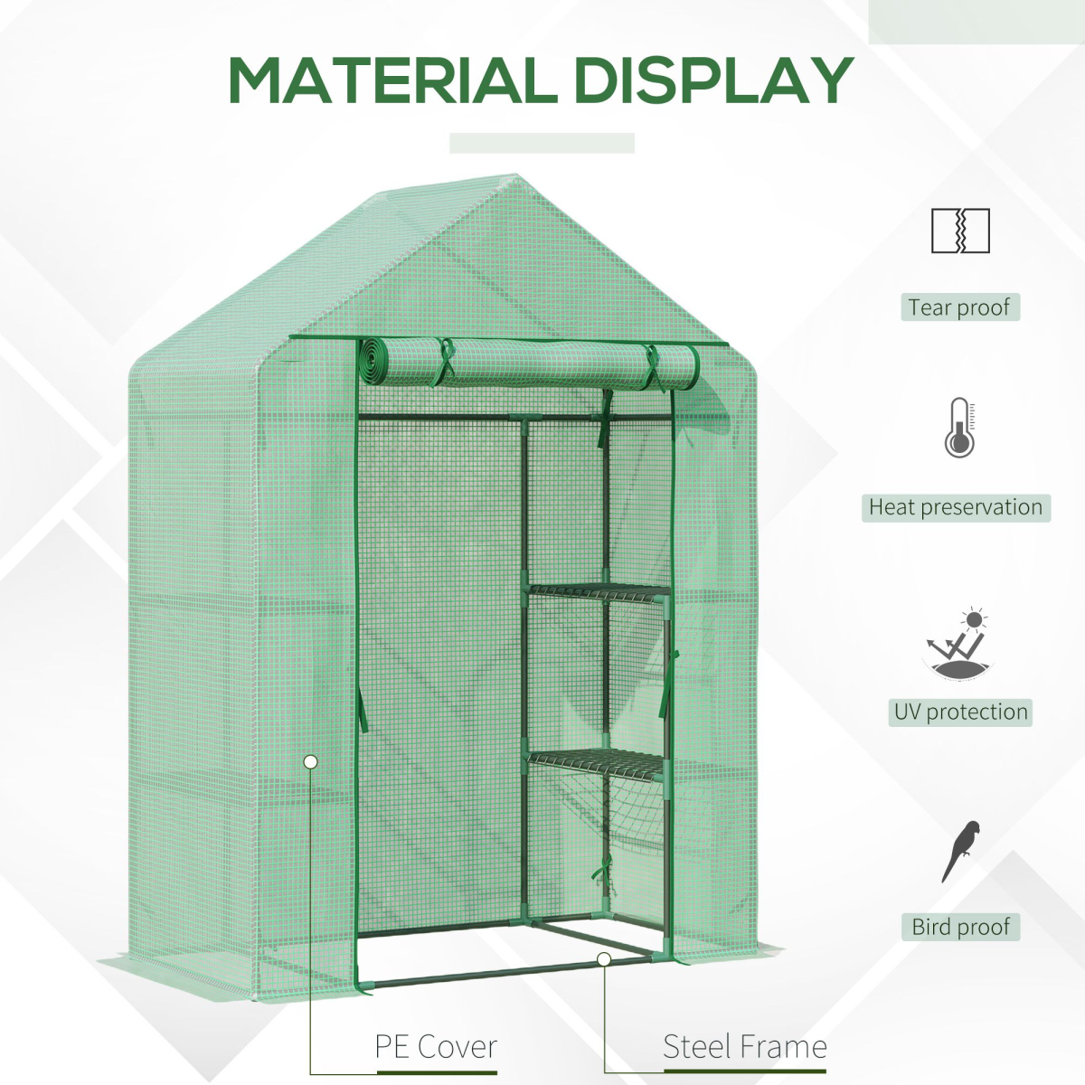 WalkIn Greenhouse 2 Tier Shelf, Roll-Up Door, PE Cover, 141x72x191cm, Green