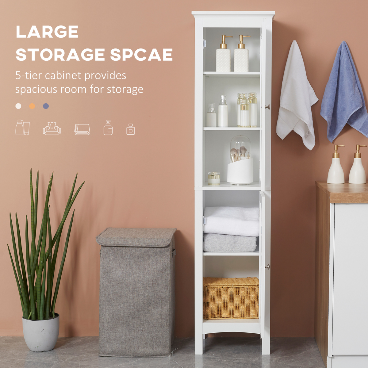 kleankin Tall Bathroom Cabinet with Adjustable Shelves, Double Door, White