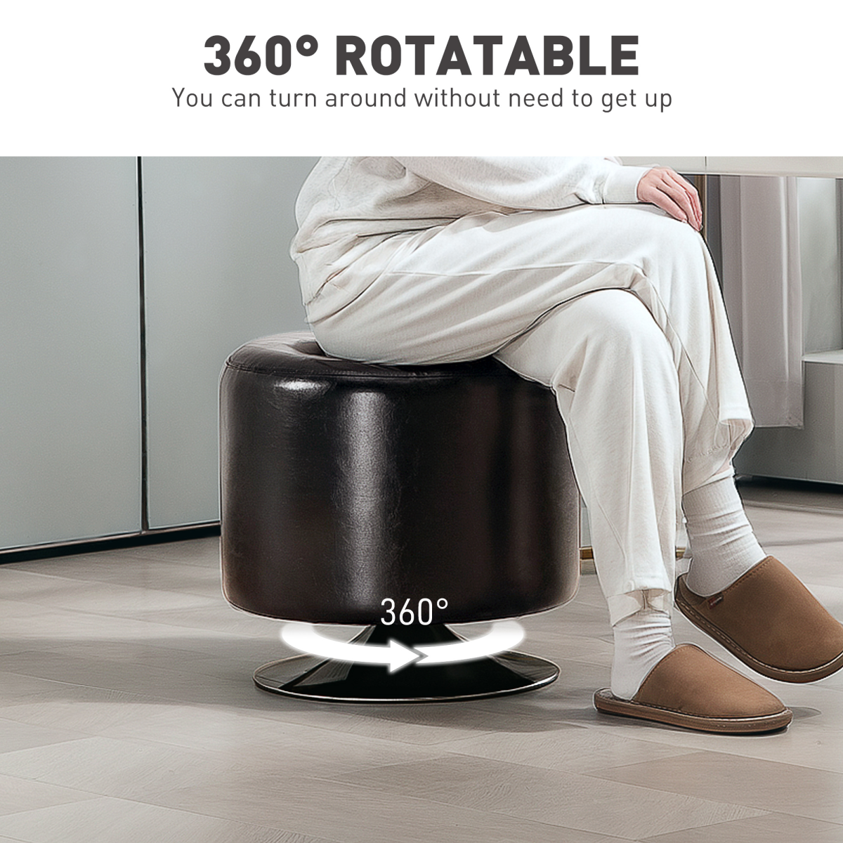 HOMCOM 360° Swivel Foot Stool PU Footstool with Thick Padding Brown