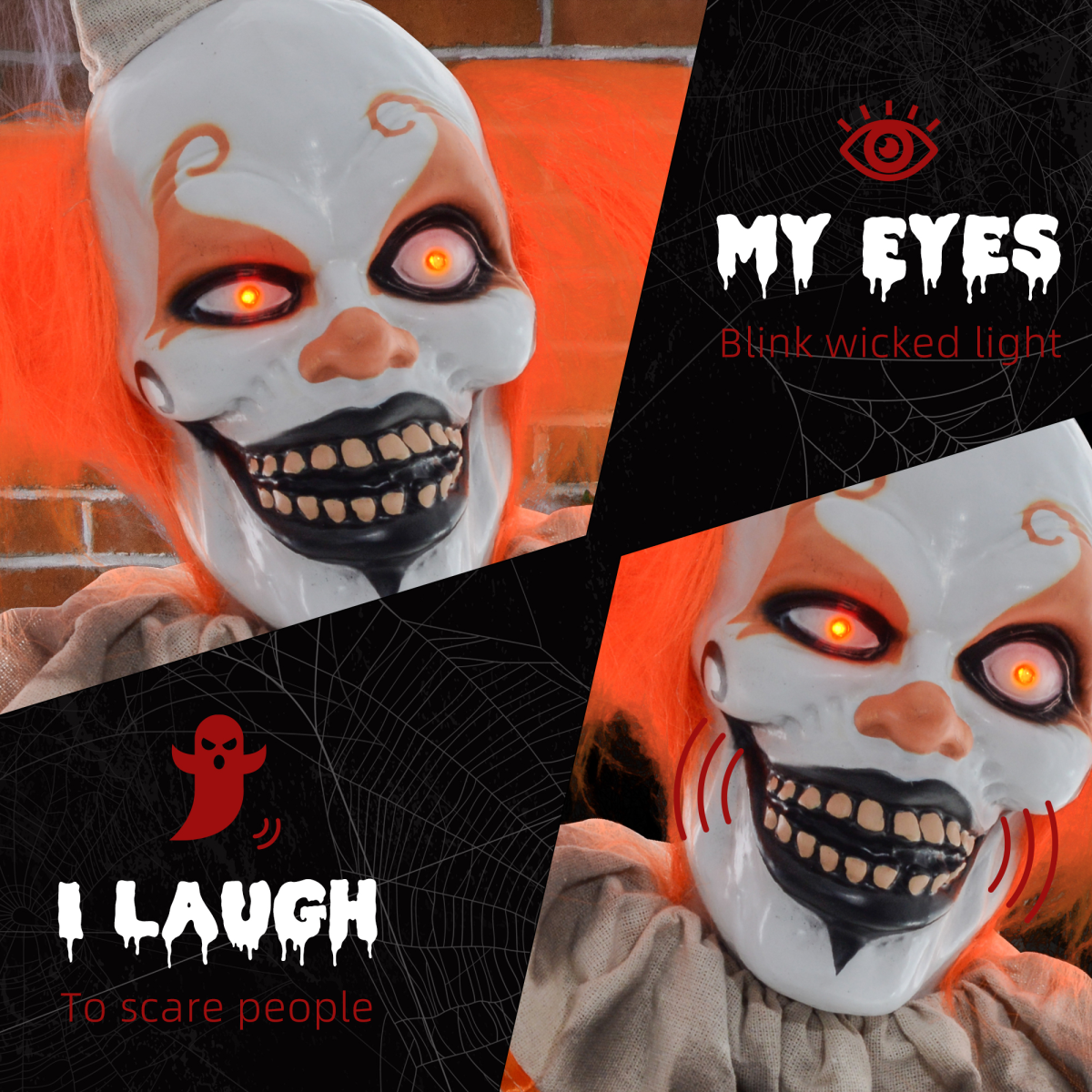 HOMCOM Halloween Clown Animatronic Prop with Light Up Eyes, for Indoor Outdoor