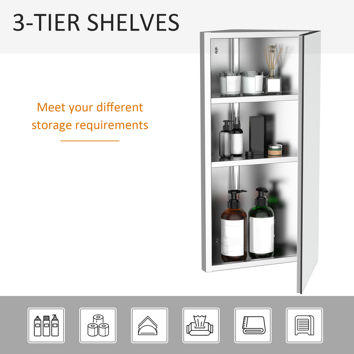 HOMCOM Wall Mount Corner Mirror Cabinet with Three Shelves, Stainless Steel Bathroom Storage Cabinet with Door