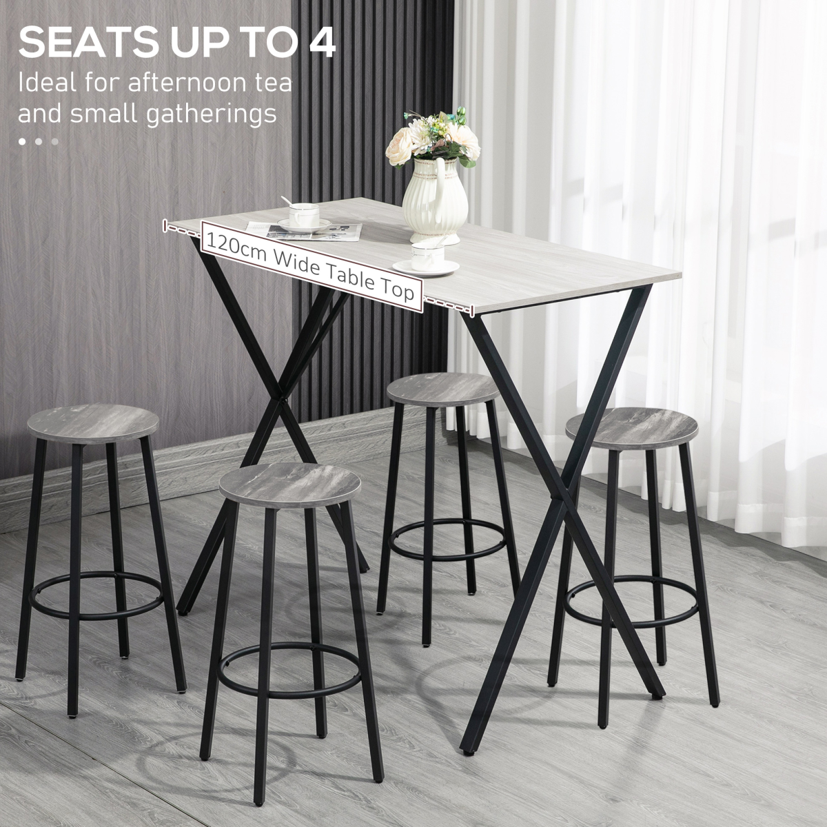 120 cm Rectangular Breakfast Bar Table for 4 People, Steel Legs, White