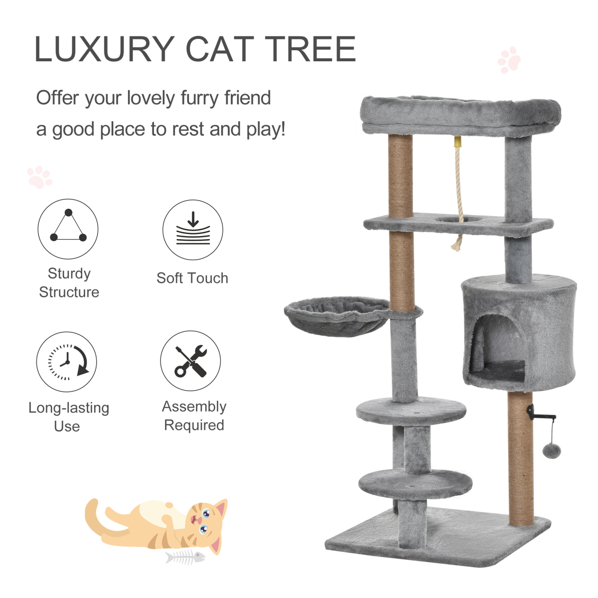 Cat Tree Tower w/ Scratching Post Hammock Hanging Ball Condo Teasing Rope