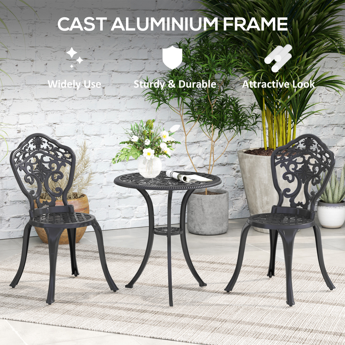 Outsunny 3 PCs Cast Aluminium Bistro Set w/ Parasol Hole for Balcony, Black