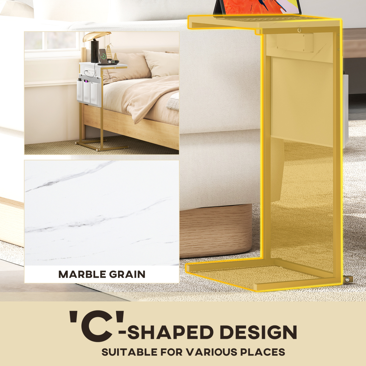 HOMCOM C-Shaped Side Table with Charging Station, Modern Bedside Table