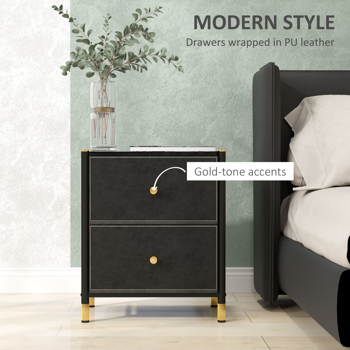 HOMCOM PU Leather Bedside Table with 2 Drawers and Steel Legs, Black