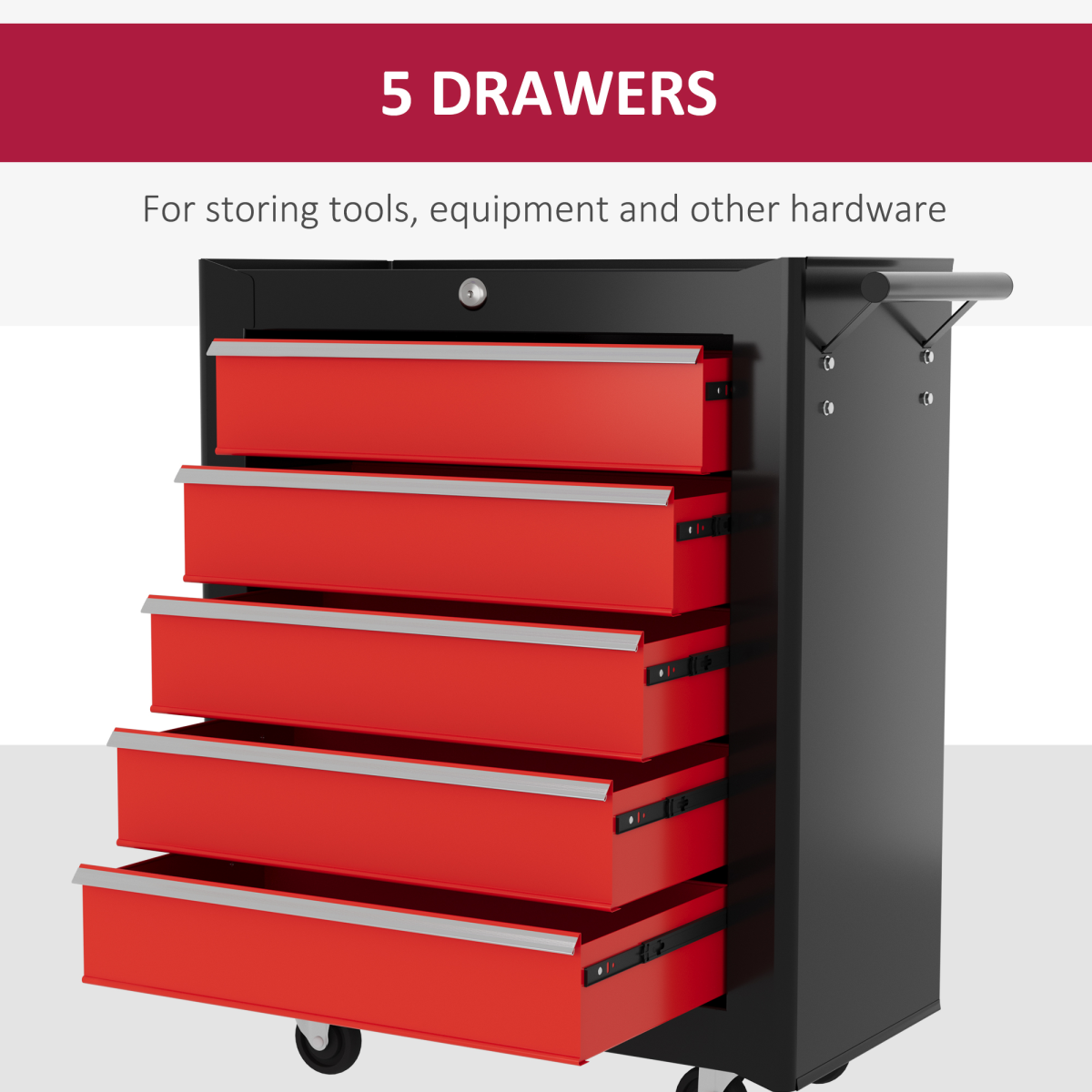 HOMCOM 5-Drawer Tool Chest Steel Lockable Tool Storage Cabinet w/ Wheels Red