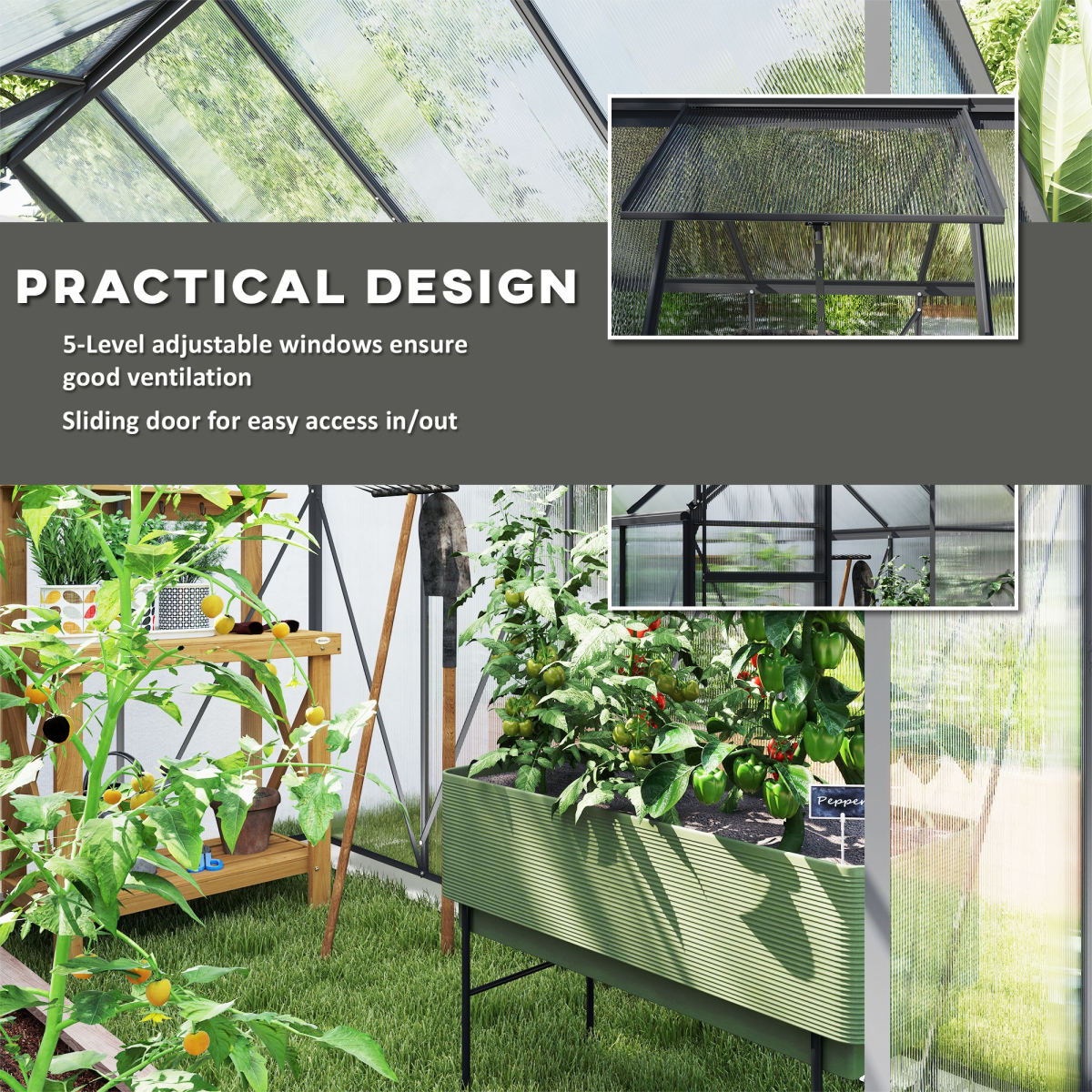 Outsunny Polycarbonate Walk-in Garden Greenhouse w/ Sliding Door Dark Grey
