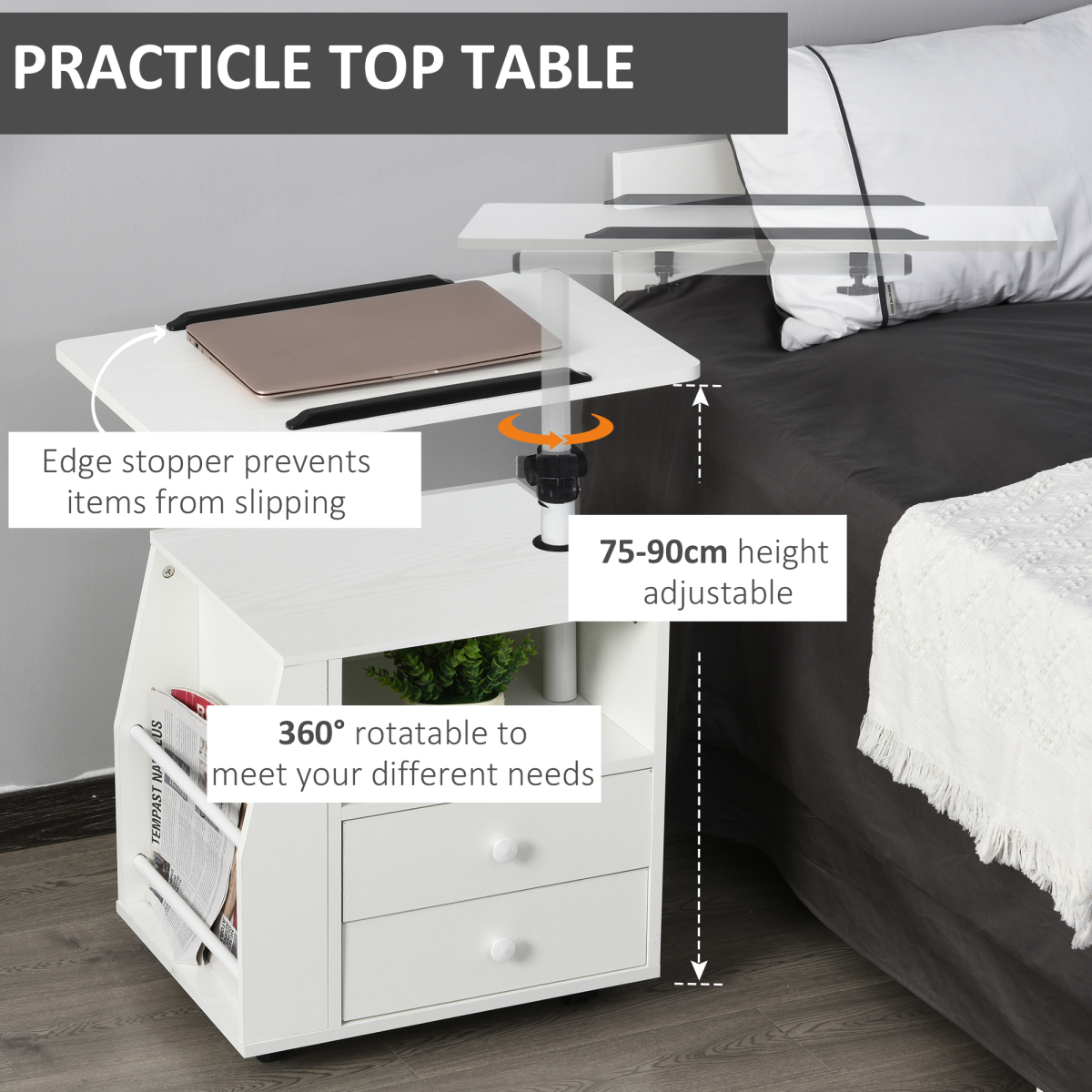 Particle Board 360 Rotation End Table w/ Storage Cabinet White