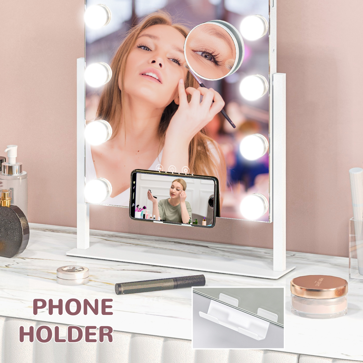 HOMCOM Hollywood Lighted Makeup Mirror with Magnifier, USB Port, Phone Holder