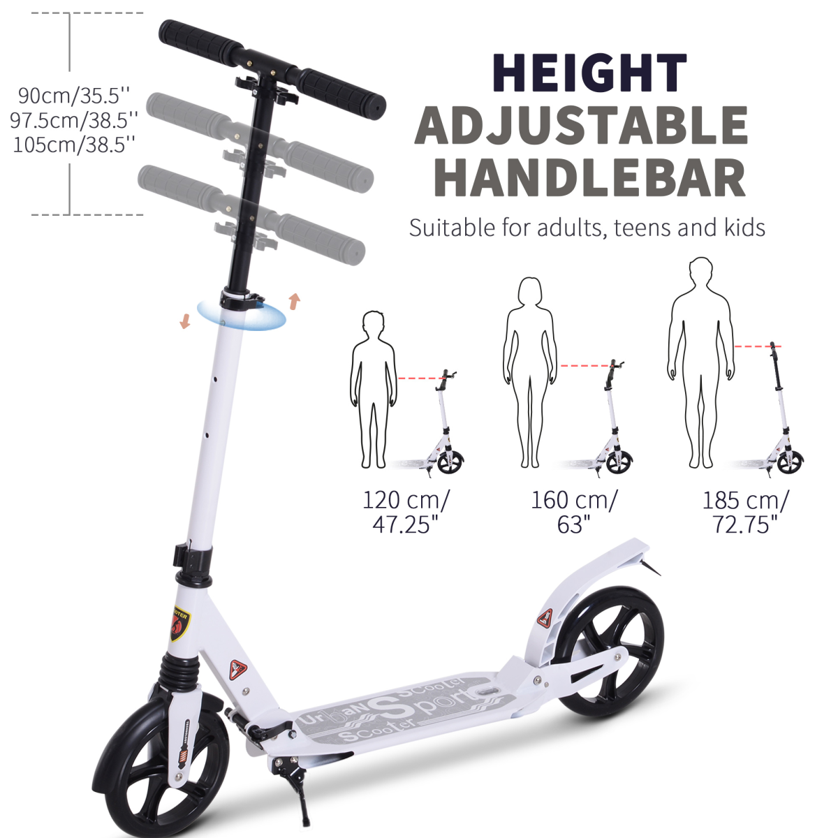 Kick Scooter Folding 2 Big Wheels Adjustable  Adult Teens For 14 White HOMCOM