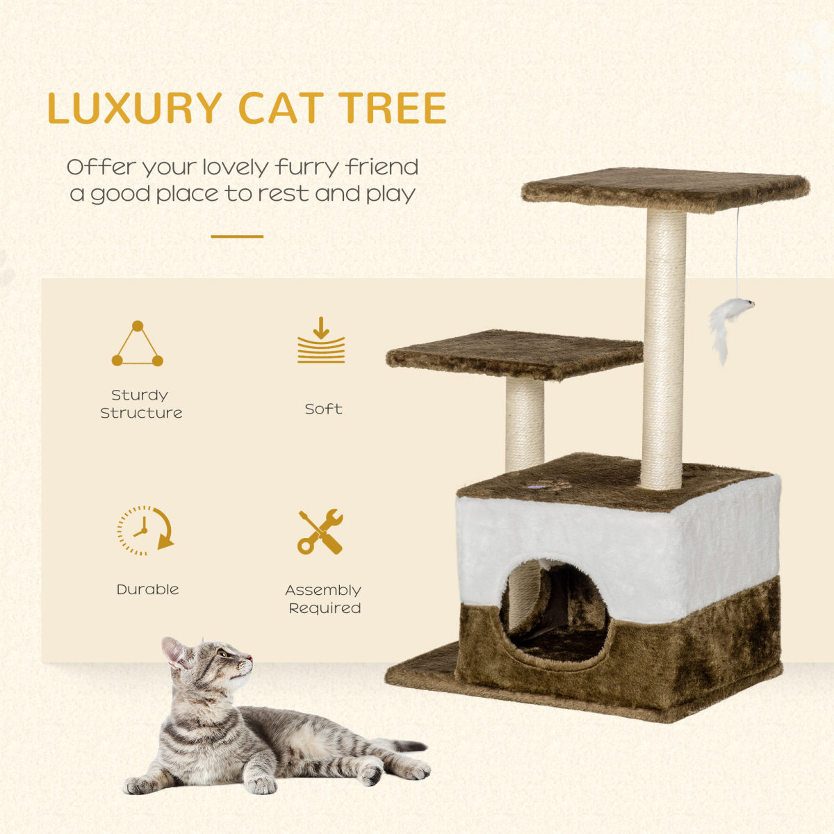 Cat Tree w/ Sisal Scratching Posts, House, Perches, Toy Mouse - Brown Pawhut