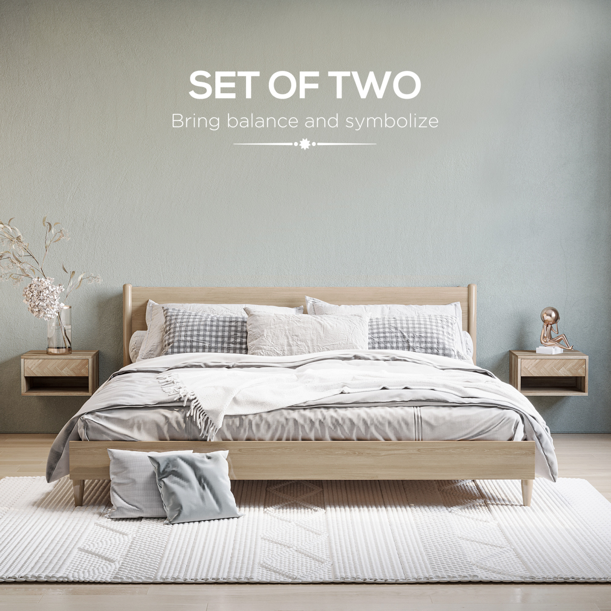 HOMCOM Floating Bedside Table Set of 2 Wall Mounted Nightstand W/ Drawer Natural