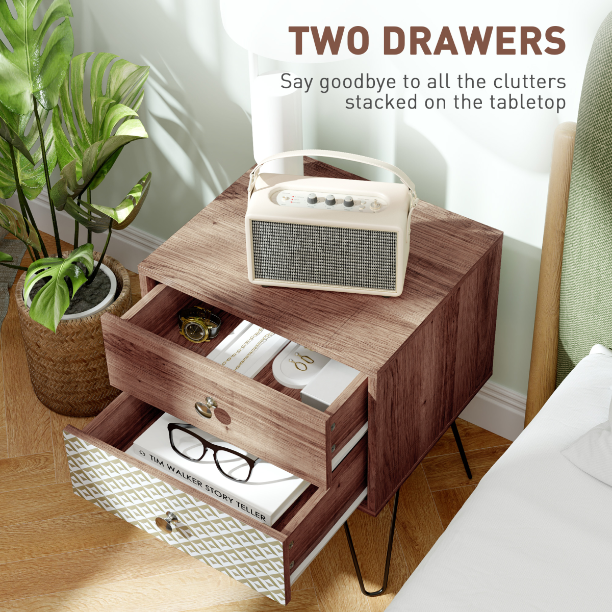 Chic Boho Style Bedside Table with Storage - Brown Wood Effect Design