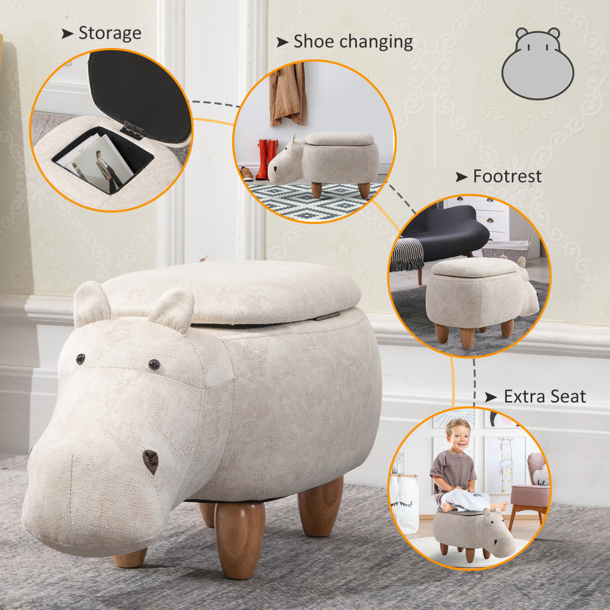 HOMCOM Hippo Storage Stool Cute Decoration Footrest Wood Frame Legs Cream