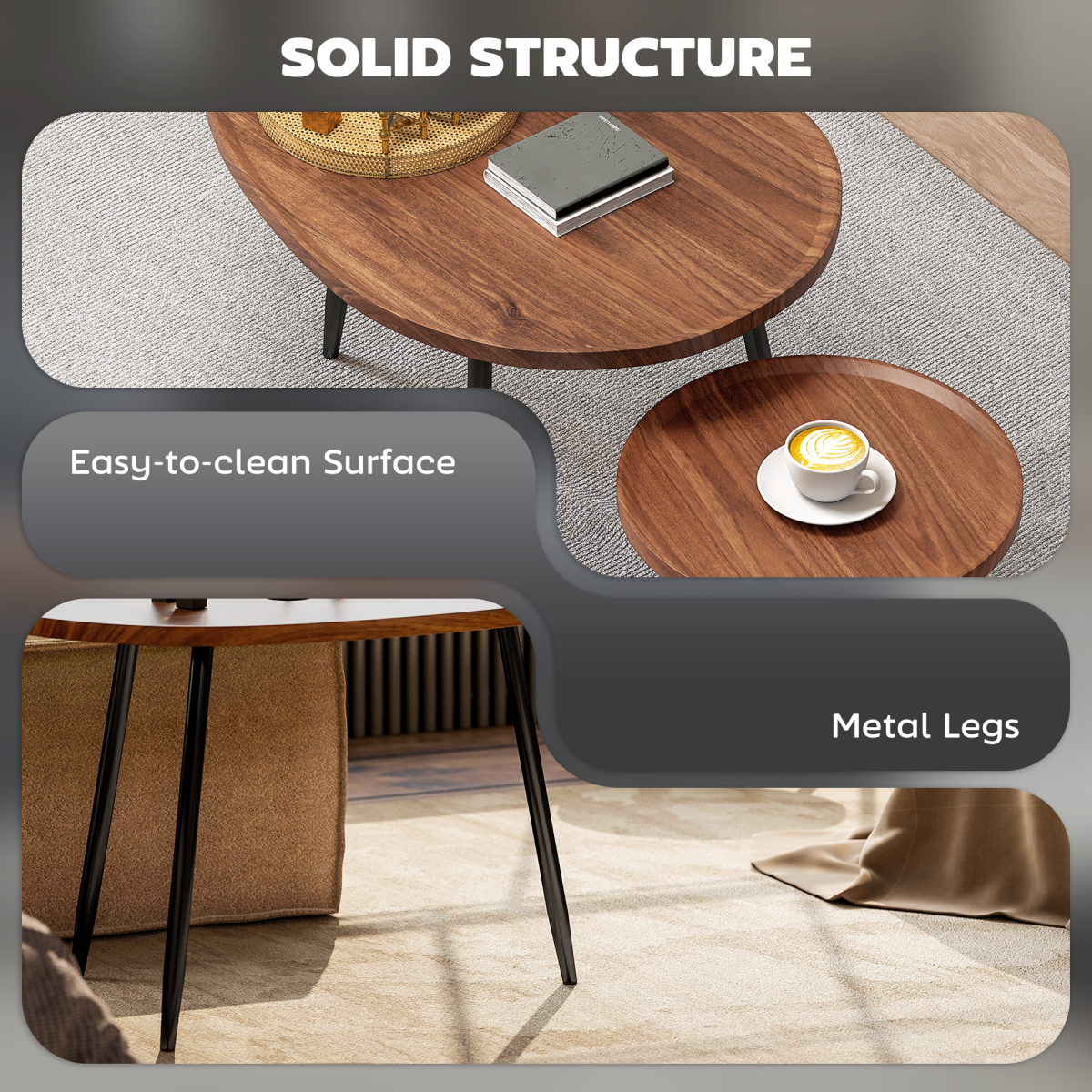 HOMCOM 2 80cm Sofa Side Table Set of 2 with Metal Legs, Chestnut Wood Effect