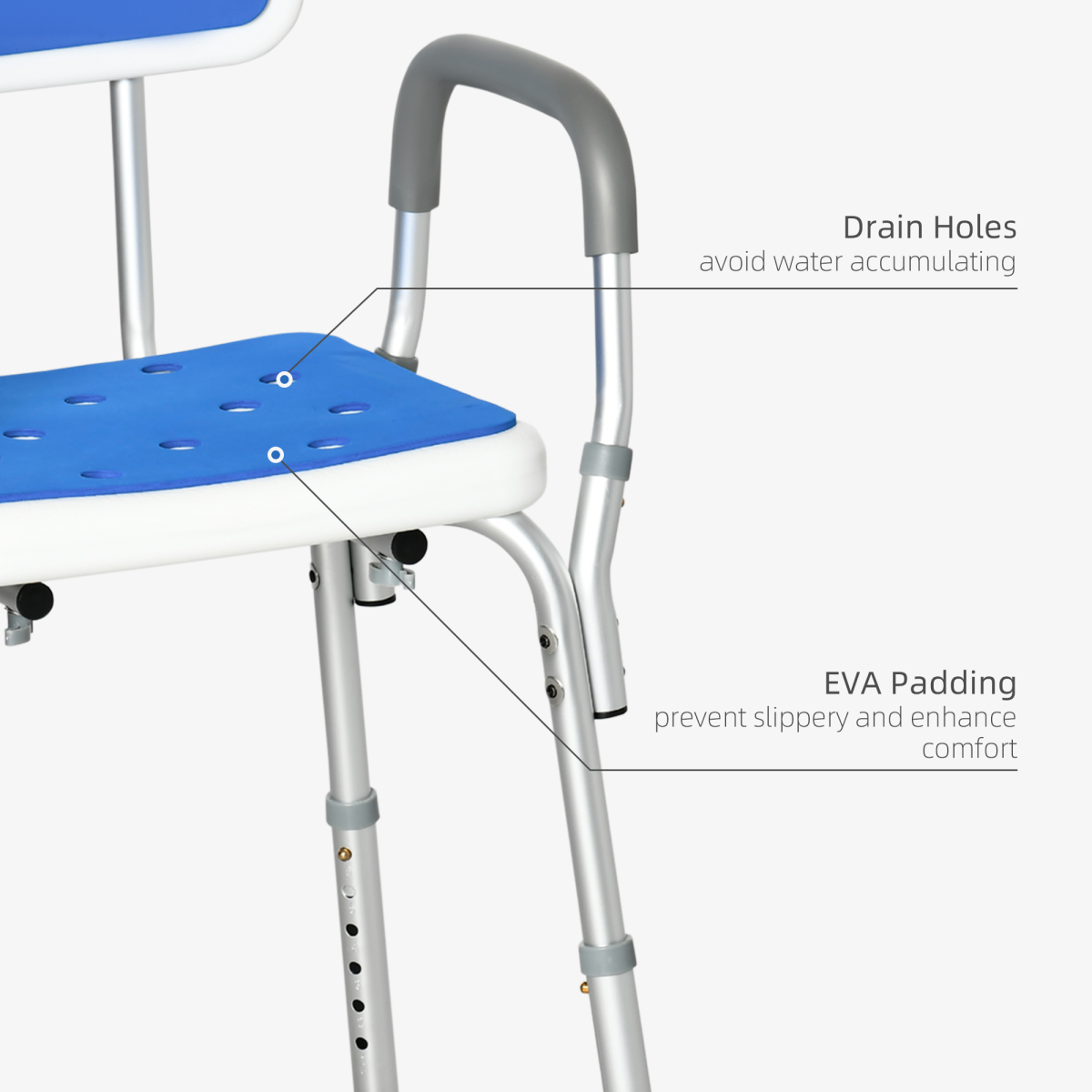 EVA Padded Shower Stool with Back and Arms 4 Suction Foot Pads Blue HOMCOM