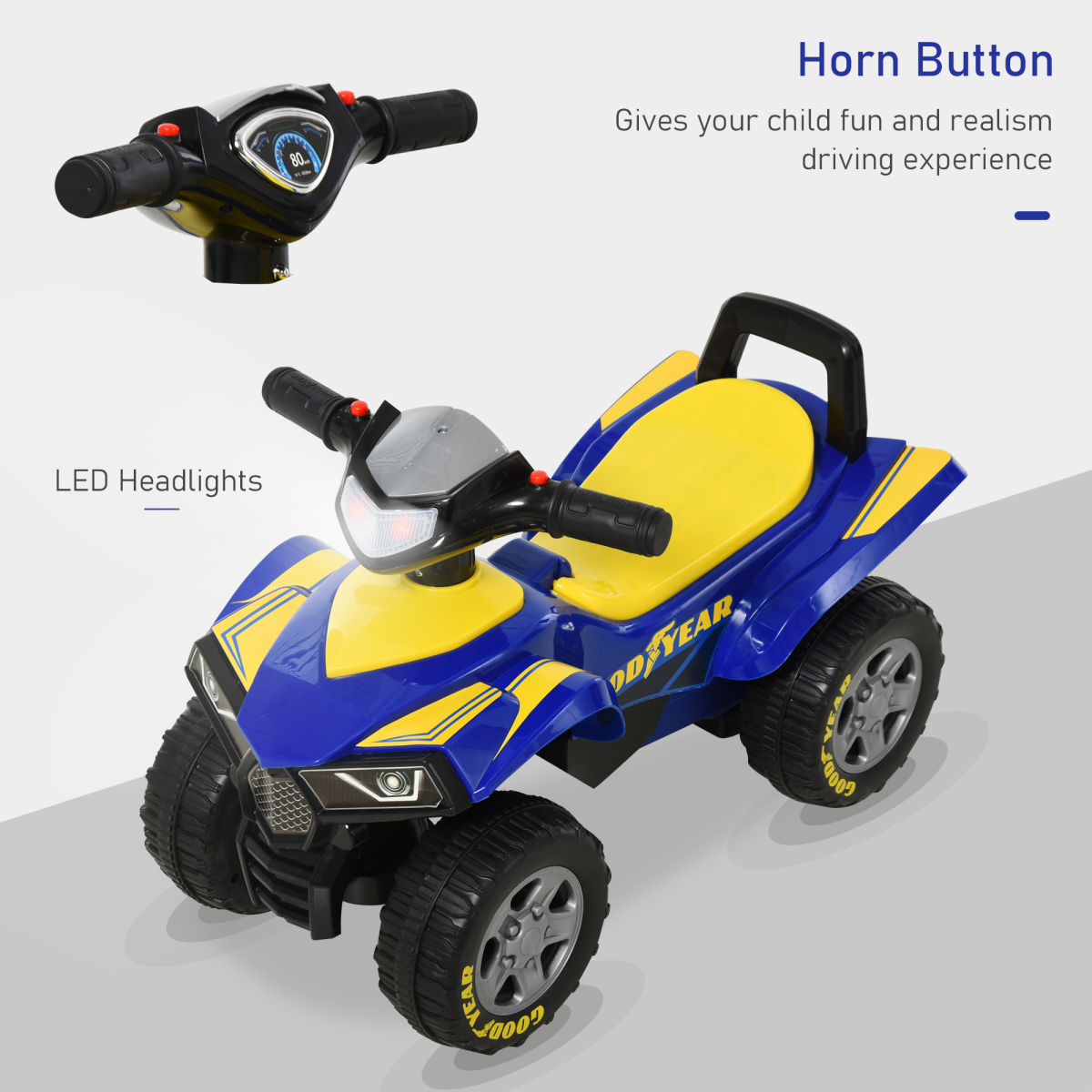 Goodyear Baby Quad Ride-On Walker w/ Lights Horn Storage 18-36 Months HOMCOM